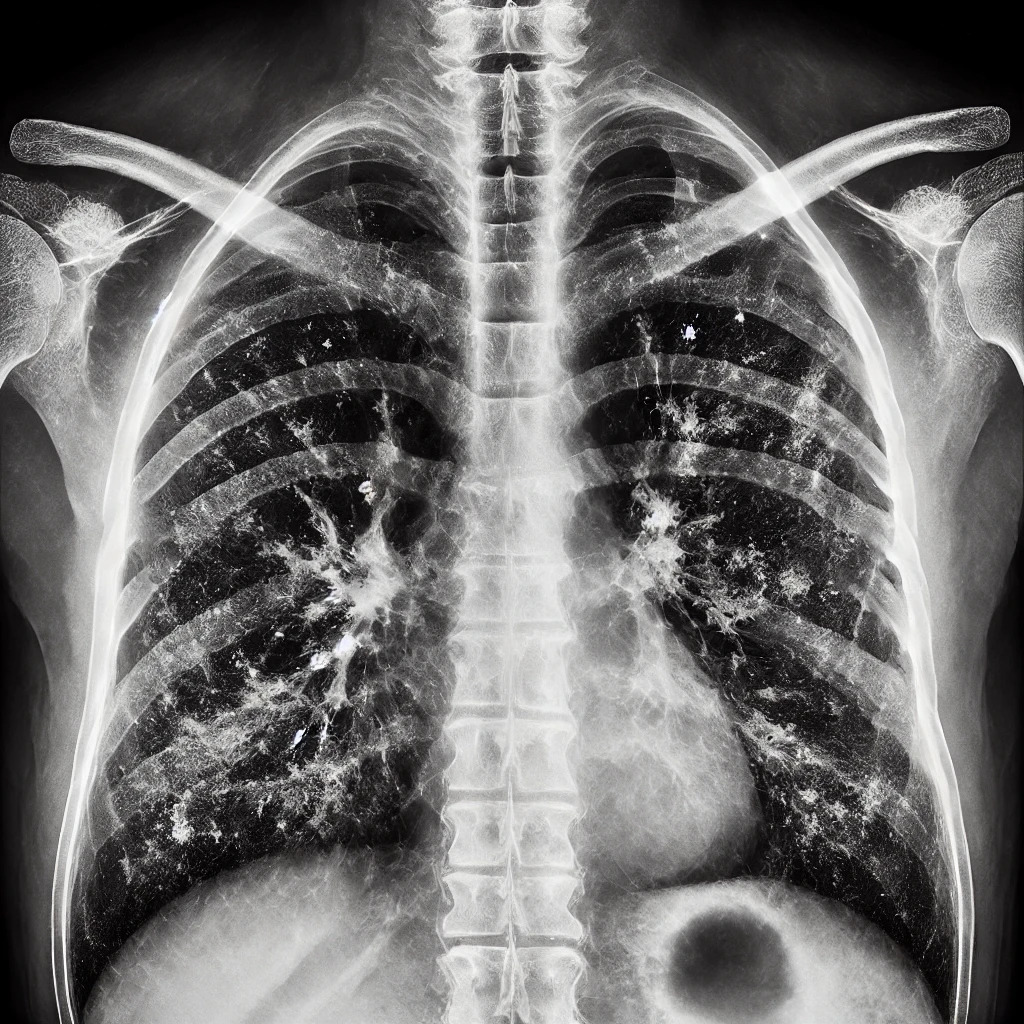 Une image radiographique illustrant les effets de l'exposition à l'amiante, mettant en évidence les dommages potentiels aux poumons et les risques respiratoires associés à l'amiante en Belgique.