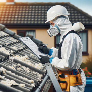 Inspector conducting asbestos inventory on a roof in Wallonia