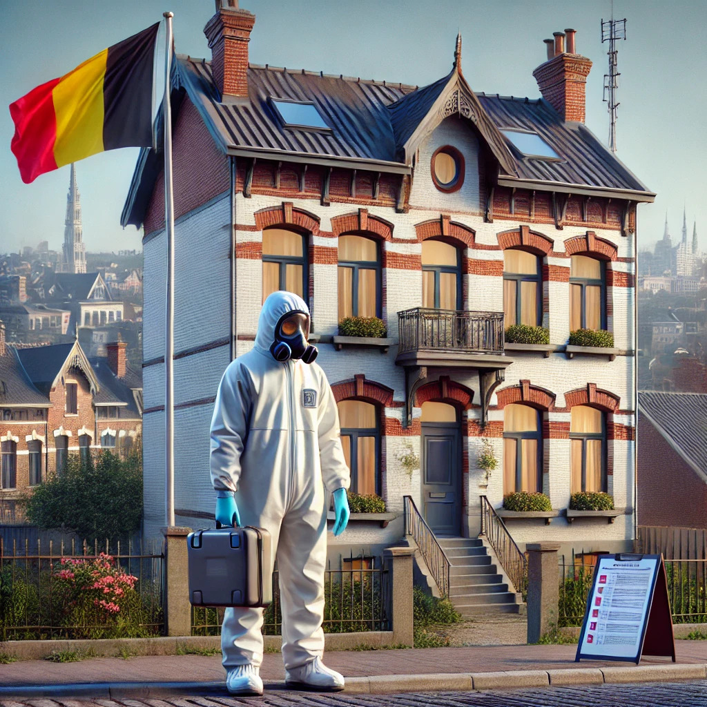 Illustration montrant un expert en tenue de protection devant une maison, avec le drapeau belge en arrière-plan, soulignant les dangers de l'amiante.