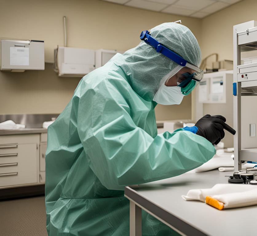 Un laborantin spécialisé en amiante, vêtu d'un équipement de protection individuelle (EPI), est occupé à analyser des échantillons pour détecter la présence d'amiante dans son laboratoire.