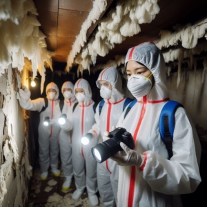 Inspecteurs en Wallonie examinant des murs contaminés par l'amiante avec des lampes et un appareil photo