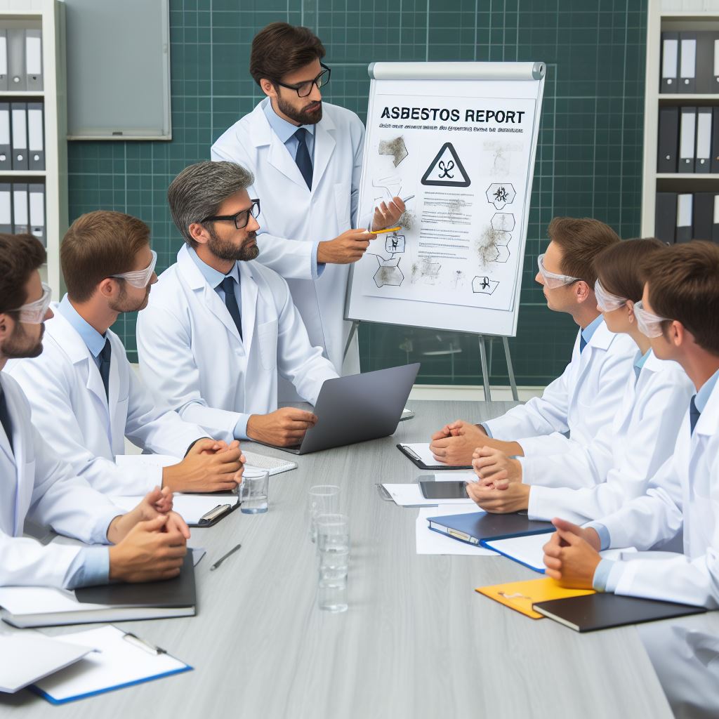 7 experts in een vergadering die een asbestrapport afmaken op een whiteboard, met blocnotes rond een tafel. Sommigen dragen een asbestbril.