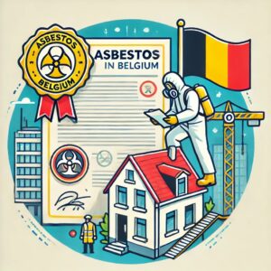 Illustratie van de Belgische asbestregelgeving, met een expert in beschermende kleding die een woning inspecteert en de nadruk legt op veiligheid en wettelijke voorschriften.