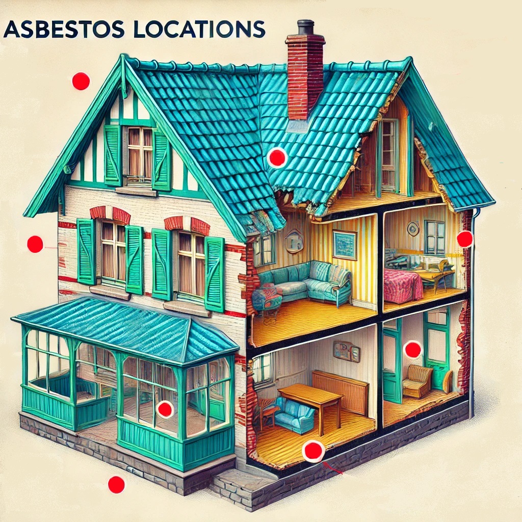 Illustration d'une maison montrant des emplacements potentiels d'amiante, soulignant les zones à risque pour la sécurité résidentielle.